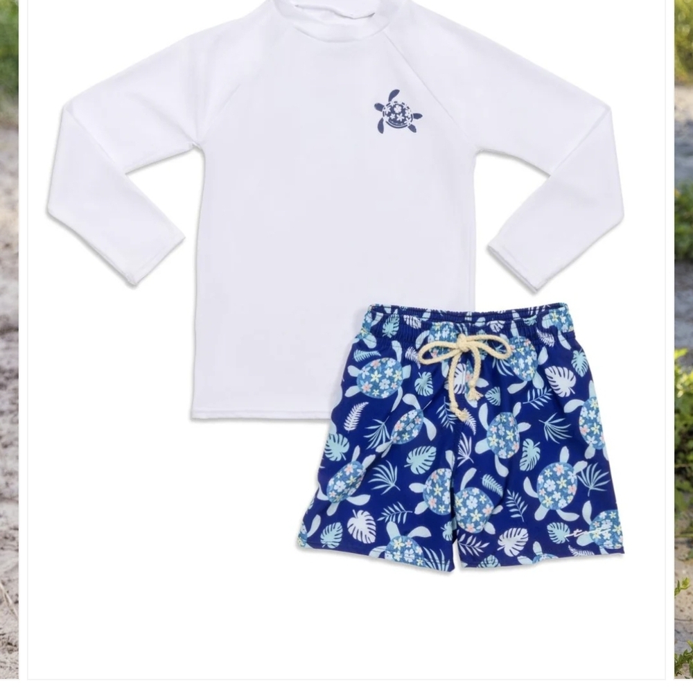 Turtle Print Kids Rashguard Set - White and Blue